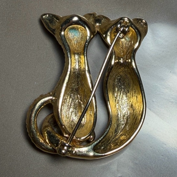 Vintage Gold Tone & Crystal Two Cats Brooch Pin - Picture 7 of 10